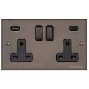 Heritage Brass Stylist Bronze Low Profile Plate - Square Edge - 2G 13A Socket with USB-A+C -Type RL9 by Heritage Brass By M-Marcus