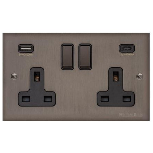 Heritage Brass Stylist Bronze Low Profile Plate - Square Edge - 2G 13A Socket with USB-A+C -Type RL9 by Heritage Brass By M-Marcus
