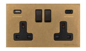 Windsor Range Aged Brass Switches & Sockets, WN50 - 2G 13A Socket with USB-A+C by Heritage Brass By M-Marcus