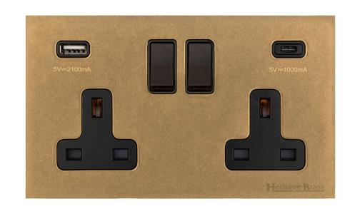 Windsor Range Aged Brass Switches & Sockets, WN50 - 2G 13A Socket with USB-A+C by Heritage Brass By M-Marcus