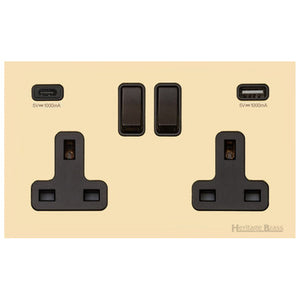 Windsor Range Polished Brass Switches & Sockets, WN1 - 2G 13A Socket with USB-A+C by Heritage Brass By M-Marcus