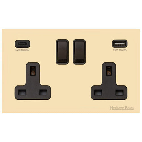 Windsor Range Polished Brass Switches & Sockets, WN1 - 2G 13A Socket with USB-A+C by Heritage Brass By M-Marcus