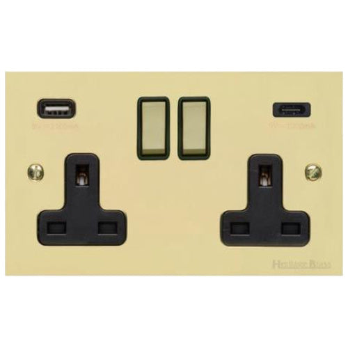 Richmond Elite Range Satin Brass Switches & Sockets, LP44 - 2G 13A Socket with USB-A+C by Heritage Brass By M-Marcus