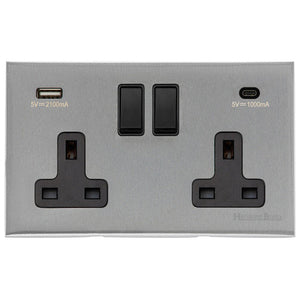 Windsor Range Satin Chrome Silk Switches & Sockets, WN35 - 2G 13A Socket with USB-A+C by Heritage Brass By M-Marcus