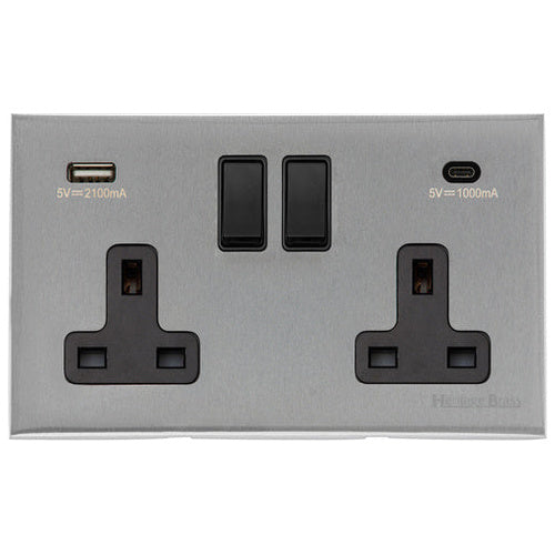 Windsor Range Satin Chrome Silk Switches & Sockets, WN35 - 2G 13A Socket with USB-A+C by Heritage Brass By M-Marcus