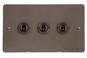 Heritage Brass Stylist Bronze Flat Plate - Round Edge - 3 Gang 2-Way Classic Toggle Switch