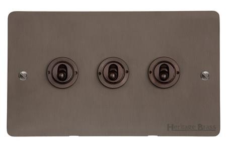 Heritage Brass Stylist Bronze Flat Plate - Round Edge - 3 Gang 2-Way Classic Toggle Switch