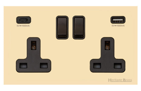 Windsor Range Polished Brass Switches & Sockets, WN1 - 2G 13A Socket with USB-A+C by Heritage Brass By M-Marcus