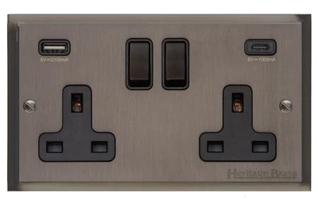 Elite Stepped Plate Range Matt Bronze Switches & Sockets, S09 - 2G 13A Socket with USB-A+C by Heritage Brass By M-Marcus