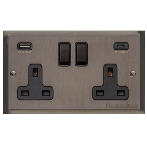 Elite Stepped Plate Range Matt Bronze Switches & Sockets, S09 - 2G 13A Socket with USB-A+C by Heritage Brass By M-Marcus