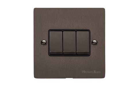Heritage Brass Stylist Bronze Flat Plate - Round Edge - 3 Gang 2-Way Rocker Switch