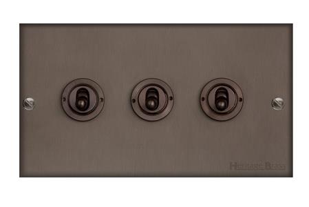 Heritage Brass Stylist Bronze Low Profile Plate - Square Edge - 3 Gang 2-Way Classic Toggle Switch