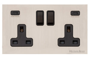 Windsor Range Satin Nickel Switches & Sockets, WN5 - 2G 13A Socket with USB-C+C by Heritage Brass By M-Marcus