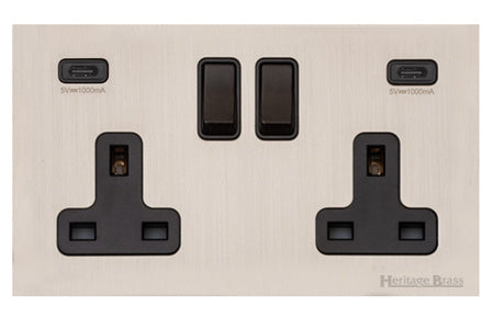 Windsor Range Satin Nickel Switches & Sockets, WN5 - 2G 13A Socket with USB-C+C by Heritage Brass By M-Marcus