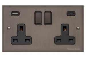 Heritage Brass Stylist Bronze Low Profile Plate - Square Edge - 2G 13A Socket with USB-A+C