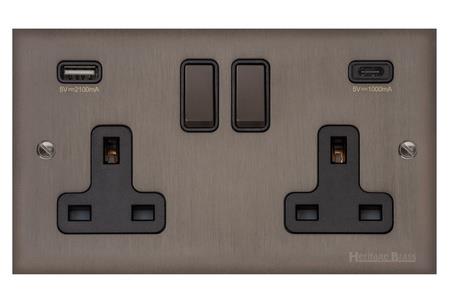 Heritage Brass Stylist Bronze Low Profile Plate - Square Edge - 2G 13A Socket with USB-A+C