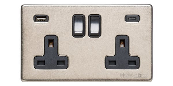 Vintage Range Rustic Nickel-2G 13A Socket with USB-A+C