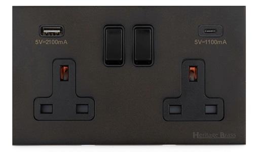 Windsor Range Dark Antique Bronze Switches & Sockets WN95 - 2G 13A Socket with USB-A+C by Heritage Brass By M-Marcus