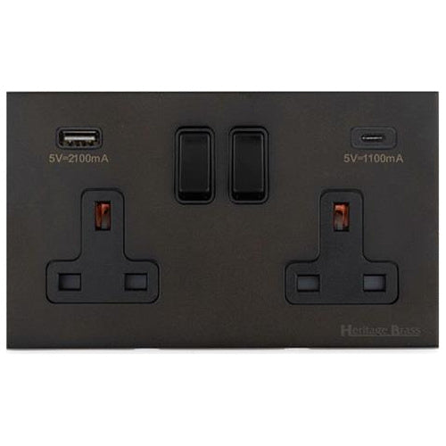 Windsor Range Dark Antique Bronze Switches & Sockets WN95 - 2G 13A Socket with USB-A+C by Heritage Brass By M-Marcus