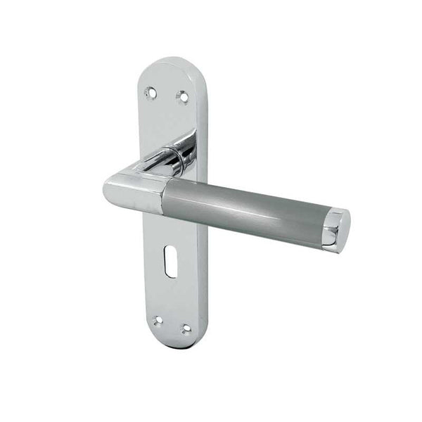 Frelan, Mitred Suite Door Handle on Lockplate Polished Chrome/Satin Chrome, Door Handles, Lever Handles On Lock Backplate