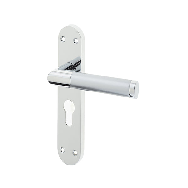 Frelan, Mitred Suite Door Handle on Euro Profile Lockplate Polished Chrome/Satin Chrome, Door Handles, Lever Handles On Euro Lock Backplate