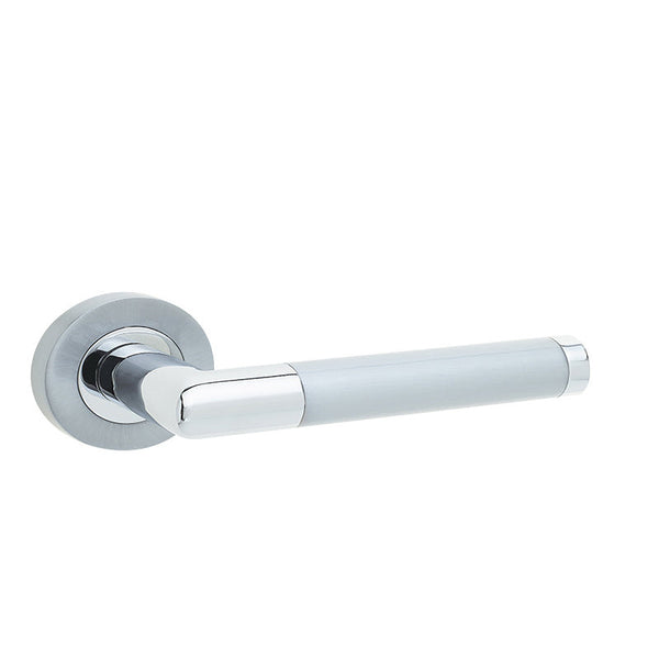 Frelan, Mitred Handle on Rose Polished Chrome/Satin Chrome, Door Handles, Lever Handles On Round Rose