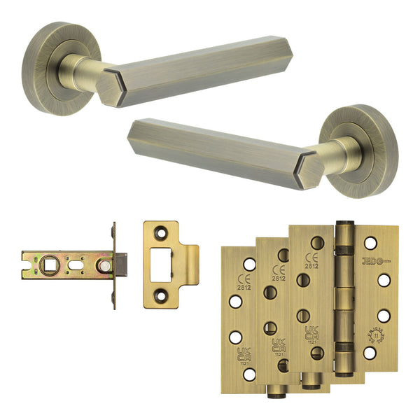 Complete Hex Door Handle Pack - Internal Doors - Antique Brass