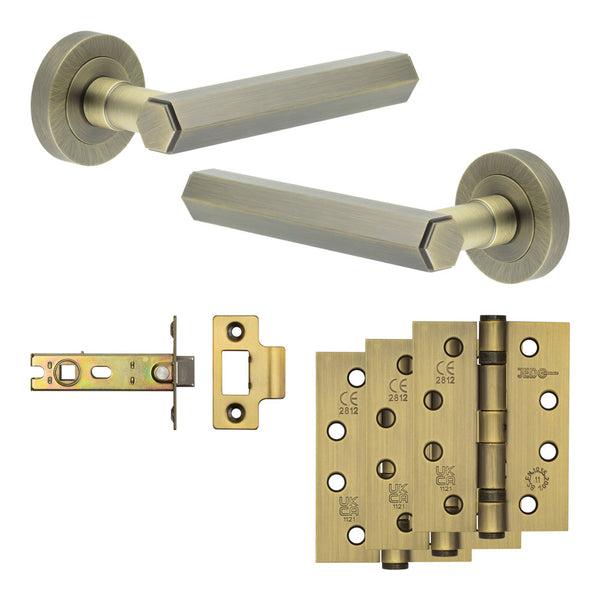 Complete Hex Door Handle Pack - Internal Doors - Antique Brass