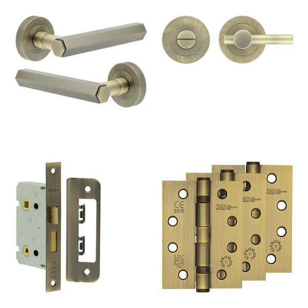 Complete Hex Door Handle Pack - Bathroom - Antique Brass