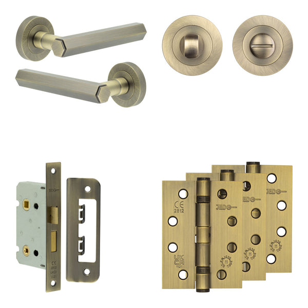 Complete Hex Door Handle Pack - Bathroom - Antique Brass