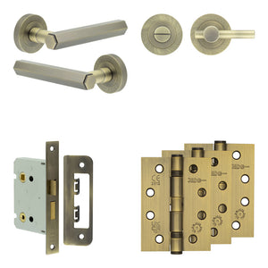 Complete Hex Door Handle Pack - Bathroom - Antique Brass