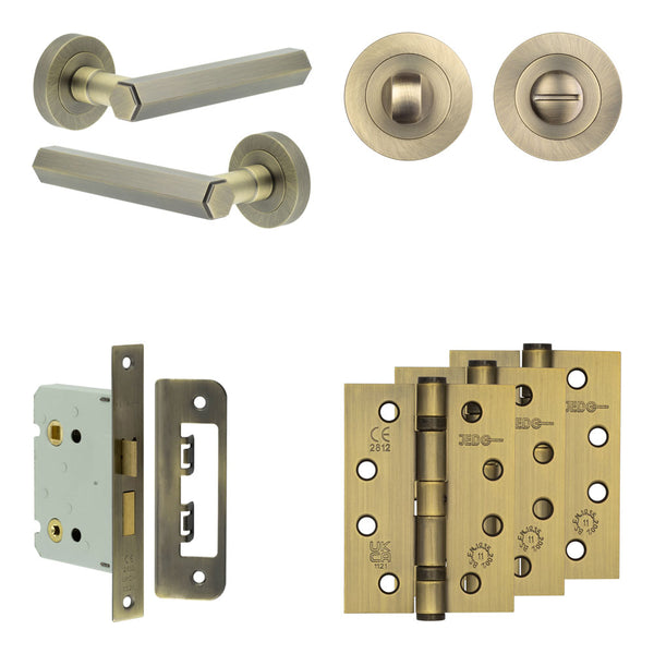Complete Hex Door Handle Pack - Bathroom - Antique Brass