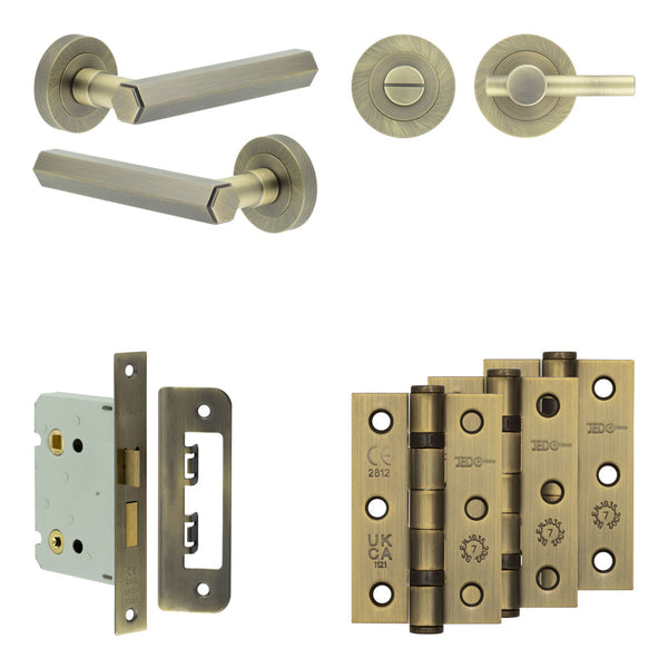 Complete Hex Door Handle Pack - Bathroom - Antique Brass