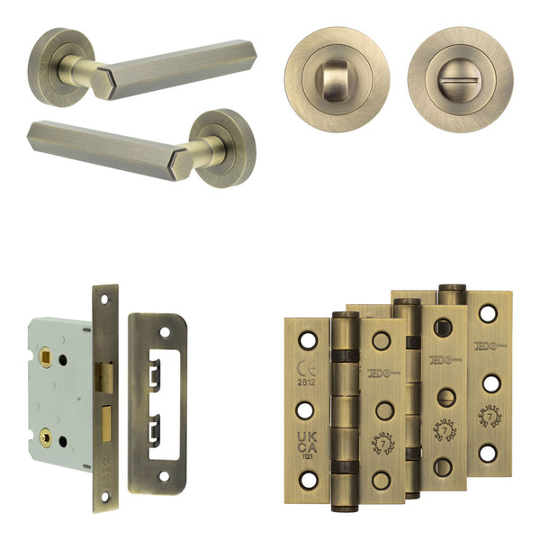 Complete Hex Door Handle Pack - Bathroom - Antique Brass