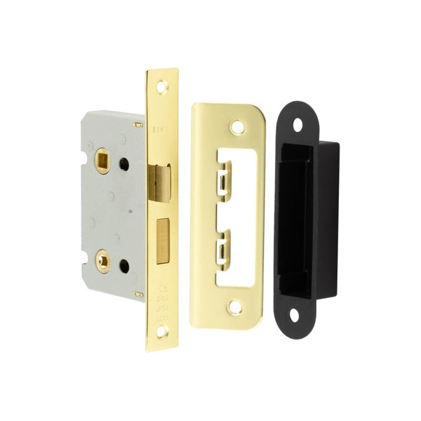 Jedo Kontrax Bathroom locks with Square Forend & Radiused Strike Plate 65mm Electro Brassed