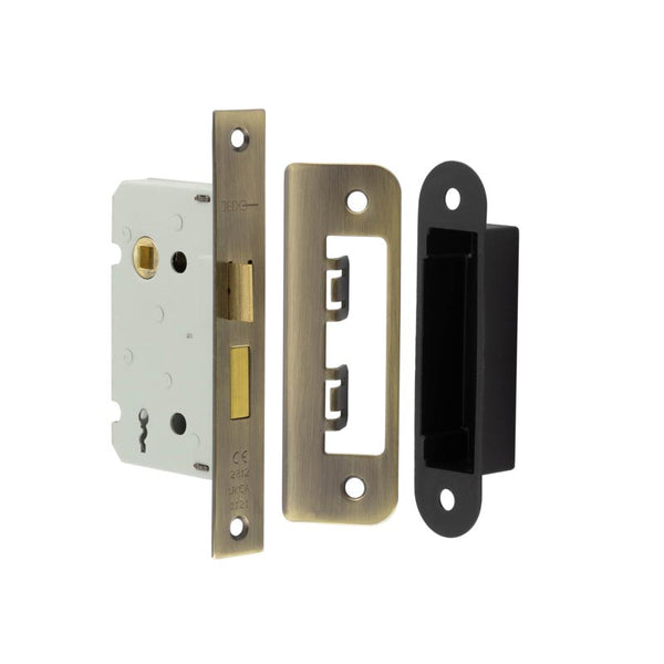 Jedo Kontrax 2 Lever Sashlocks with Square Forend & Radiused Strike Plate 65mm Antique Brass