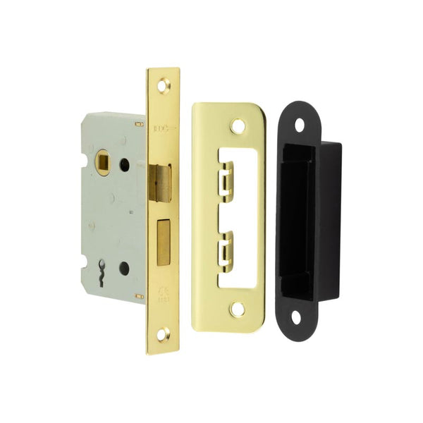 Jedo Kontrax 2 Lever Sashlocks with Square Forend & Radiused Strike Plate 65mm Electro Brassed