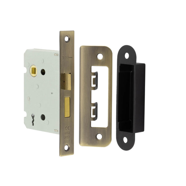Jedo Kontrax 2 Lever Sashlocks with Square Forend & Radiused Strike Plate 76mm Antique Brass