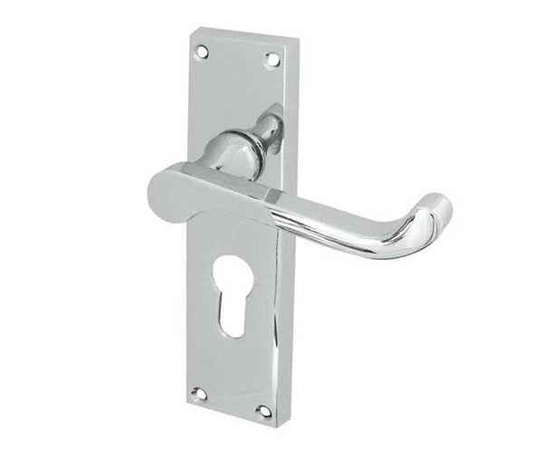 Victorian Scroll Door Handle on Euro Profile Lockplate Polished Chrome