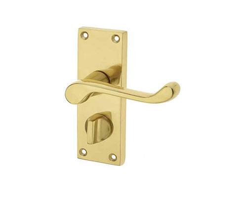 Victorian Scroll Door Handle on Privacy Plate Polished Brass