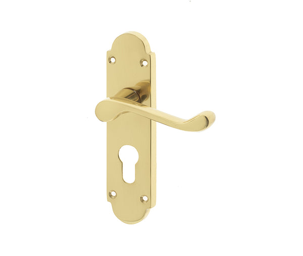 Epsom Suite Door Handle on Euro Profile Lockplate Polished Brass