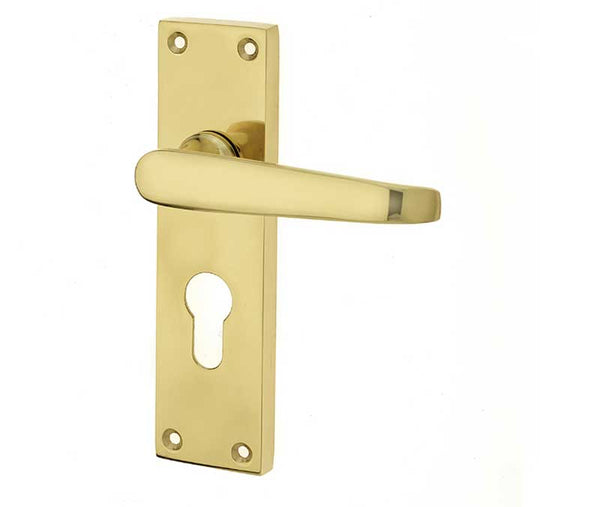 Victorian Straight Door Handles on Euro Profile Lockplate Polished Brass