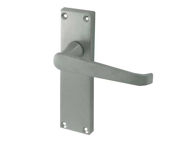 Victorian Straight Door Handles on Long Latchset Plate Satin Chrome