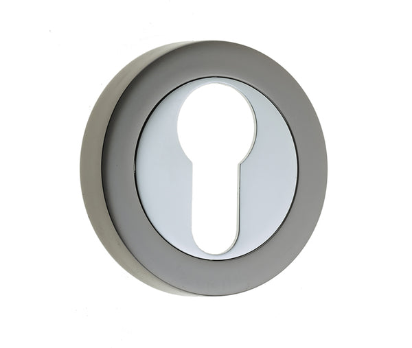Jedo Dual Euro Profile Escutcheons on 50mm Round Rose Polished Chrome Polished Black Nickel