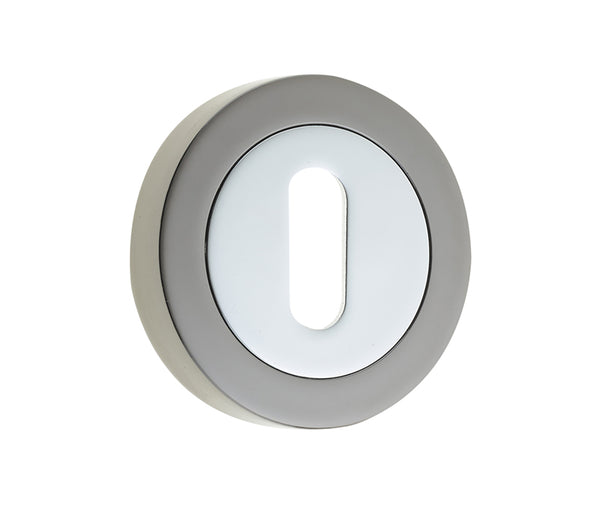 Jedo Dual Standard Keyway Escutcheons on 50mm Round Rose Polished Chrome Polished Black Nickel