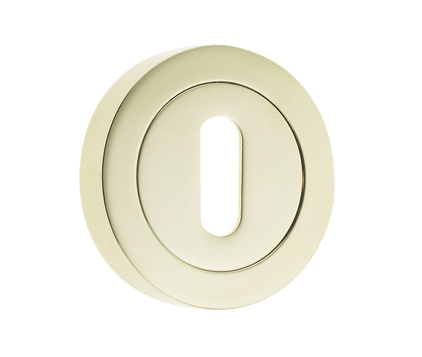Jedo Designer Standard Keyway Escutcheons on 50mm Round Rose Polished Brass
