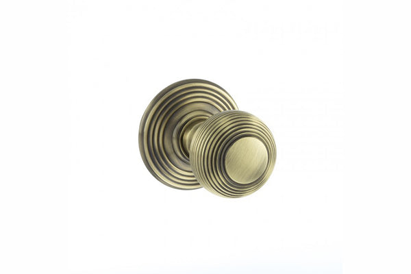 Old English Ripon Solid Brass Reeded Beehive Mortice Door Knob on Concealed Fix Rose - Antique Brass - Default