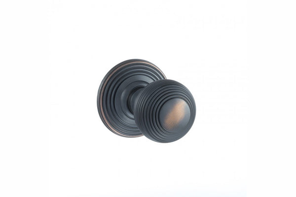 Old English Ripon Solid Brass Reeded Beehive Mortice Door Knob on Concealed Fix Rose - Antique Copper - Default
