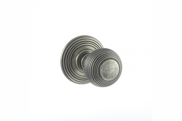 Old English Ripon Solid Brass Reeded Beehive Mortice Door Knob on Concealed Fix Rose - Distressed Silver - Default