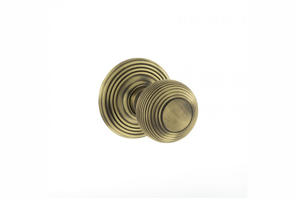 Old English Ripon Solid Brass Reeded Beehive Mortice Door Knob on Concealed Fix Rose - Matt Antique Brass - Default